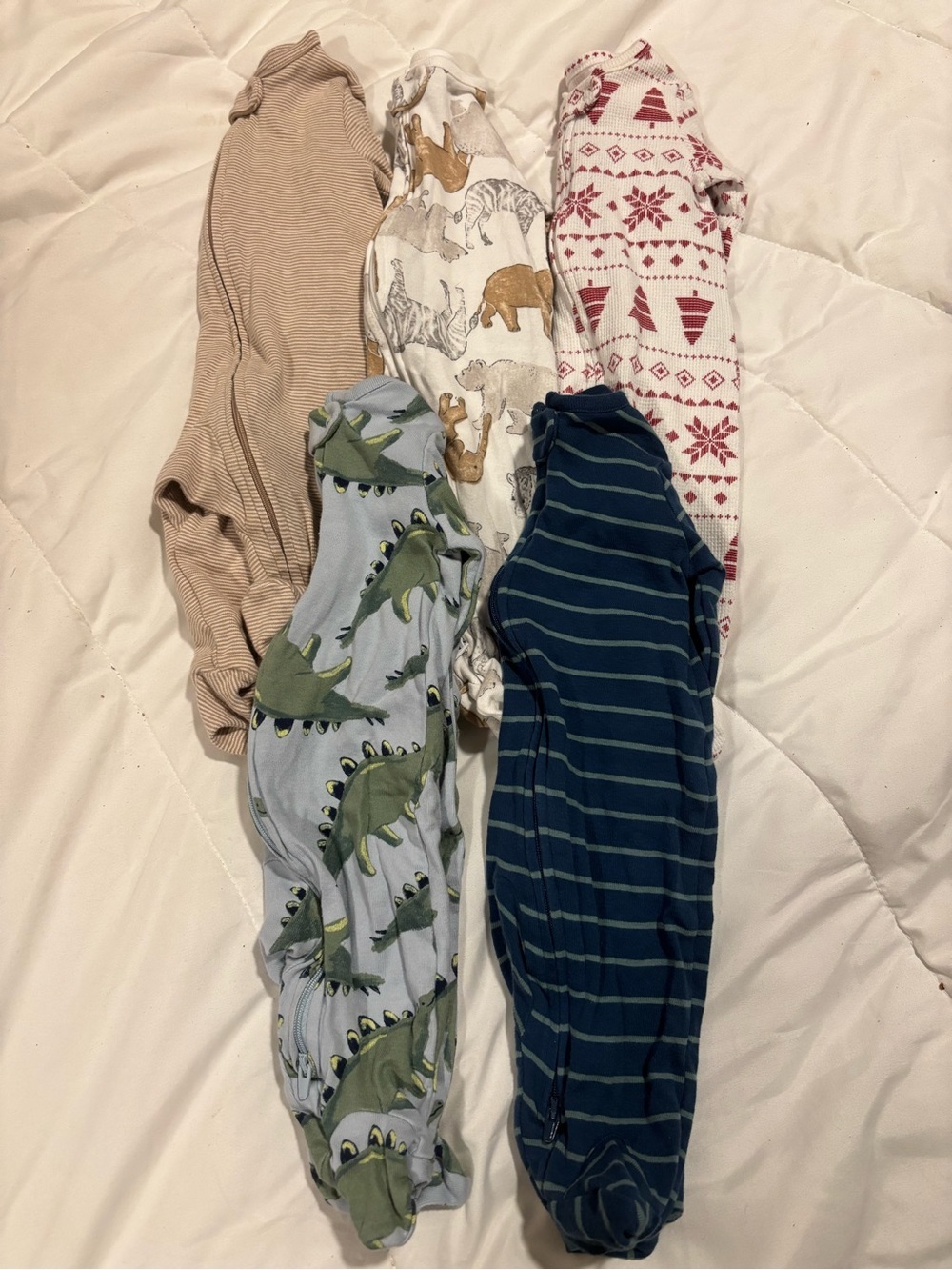 Carter's Set of 5 Kids Pajamas- Beige, White, Red, Light Blue, Navy, Green 0-3 M
